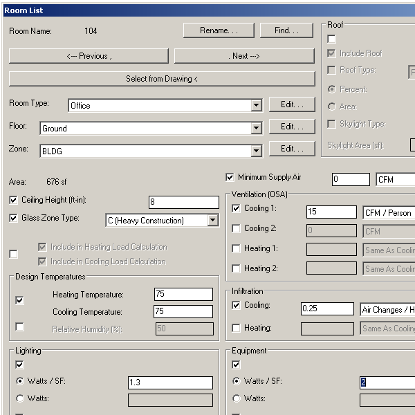 building load calculation room information