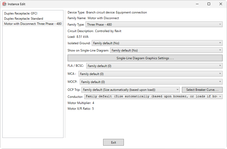 Branch circuit device equipment connection dialog box