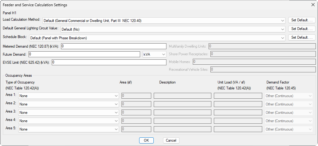 Distribution equipment feeder service calculation settings