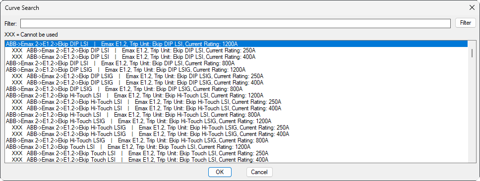 Curve search dialog box
