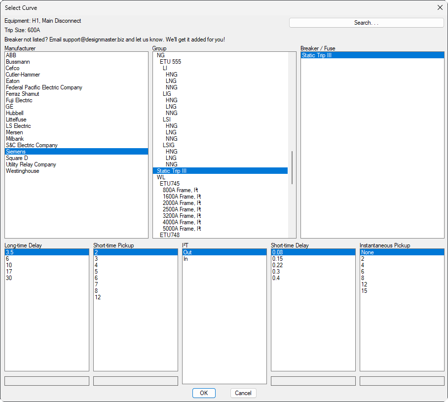 Distribution equipment schedules select curve dialog box
