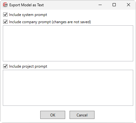 Export model as text dialog box
