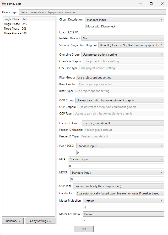 Family edit branch circuit device equipment connection dialog box