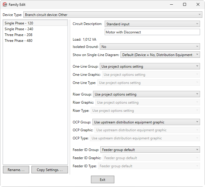 Family edit branch circuit device other dialog box