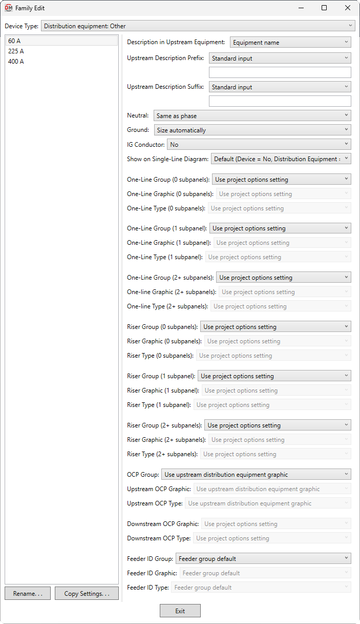 Family edit distribution equipment other dialog box