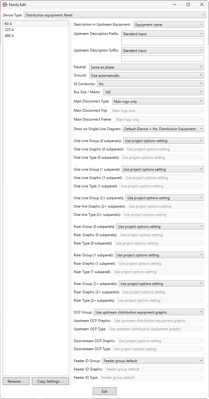Family edit distribution equipment panel dialog box