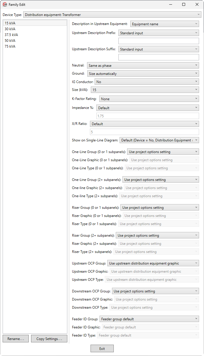 Family edit distribution equipment transformer dialog box