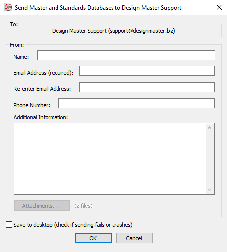 Help send master and standards databases to design master support dialog box