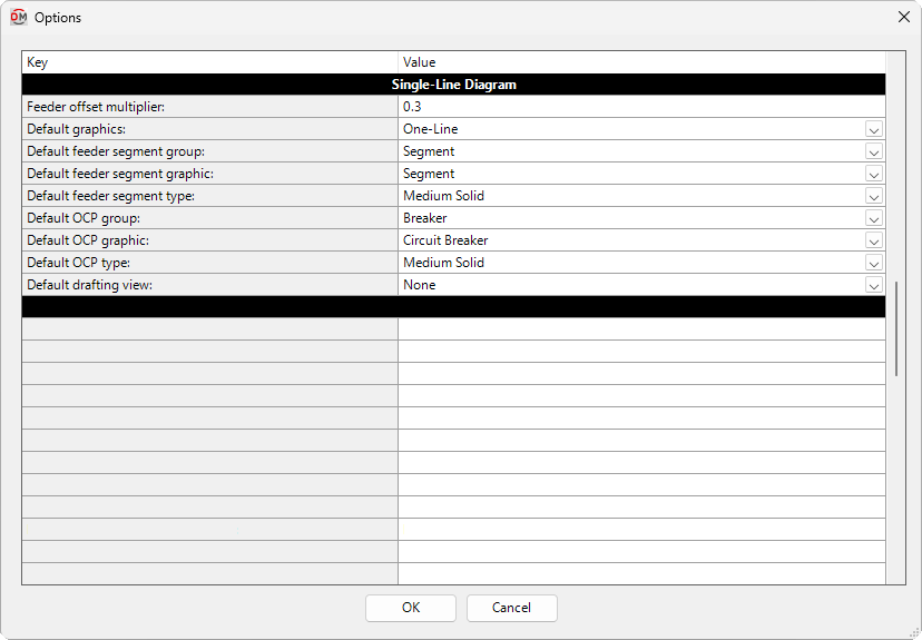Options one line diagram dialog box