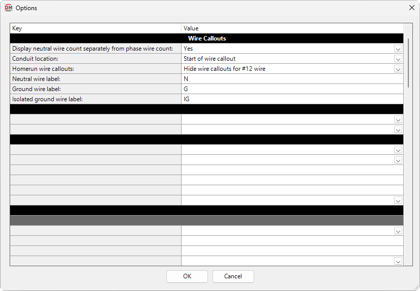 Options wire callouts dialog box