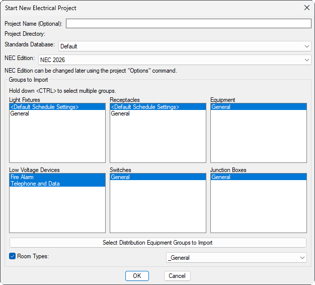 Start new electrical project dialog box